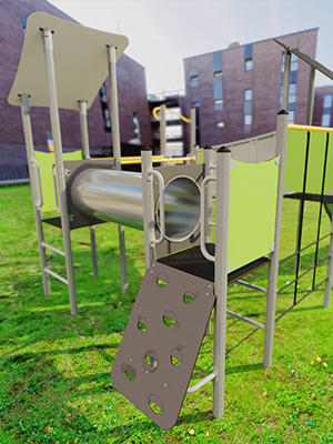 A rendered image of a green playground unit made with HPL and steel posts.